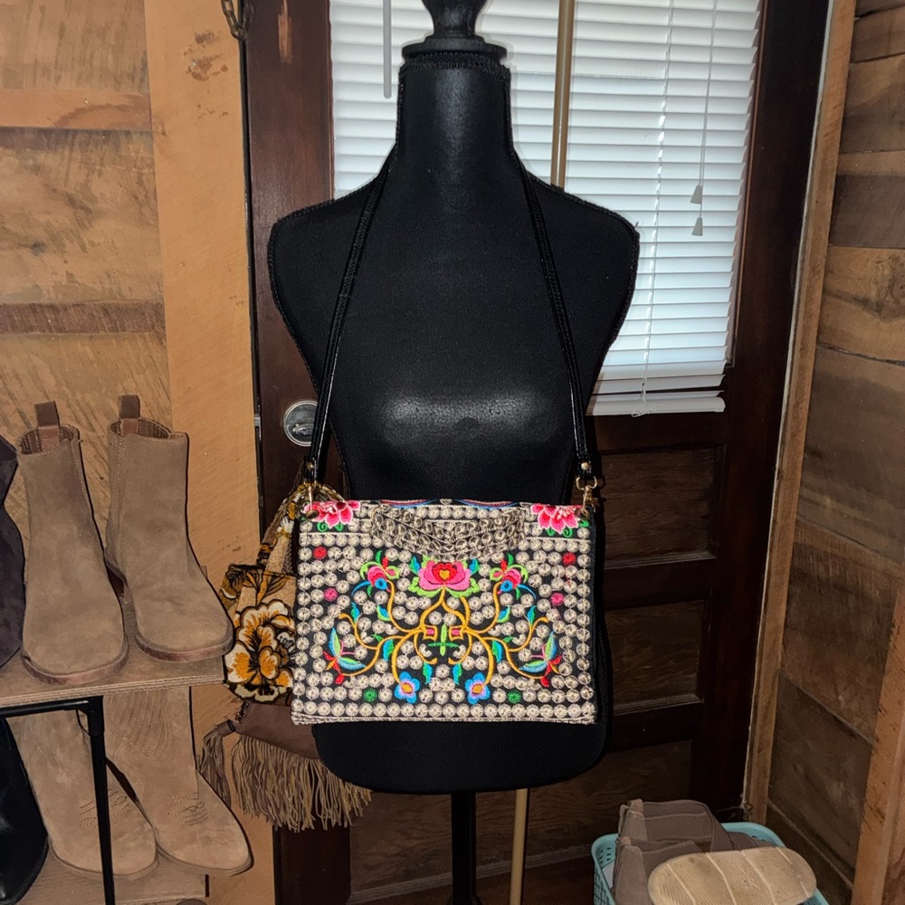 Floral Embroidered Black and Red Handbag - Picture 3 of 7
